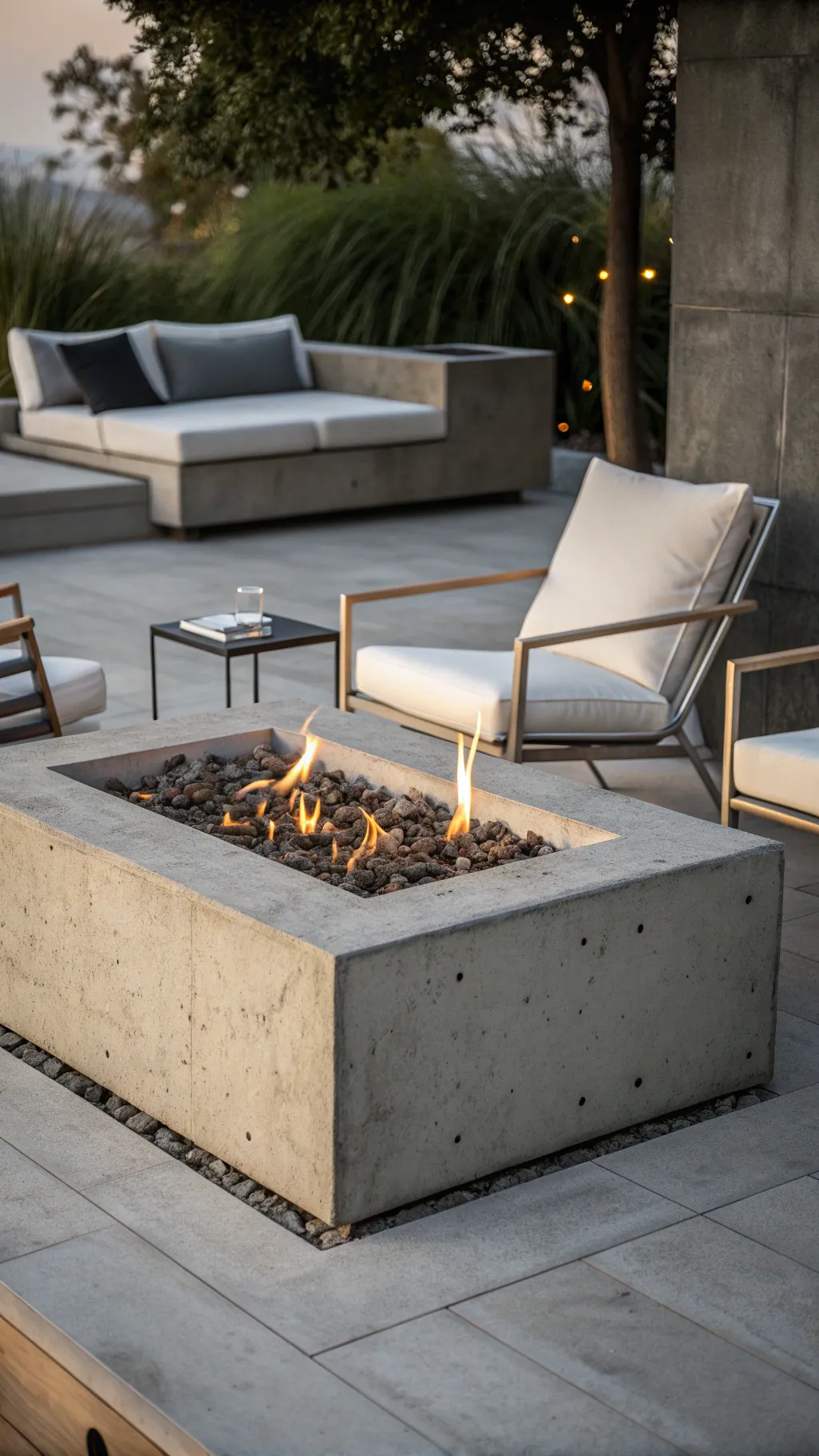 A modern concrete fire pit with steel accents in a stylish outdoor setting.