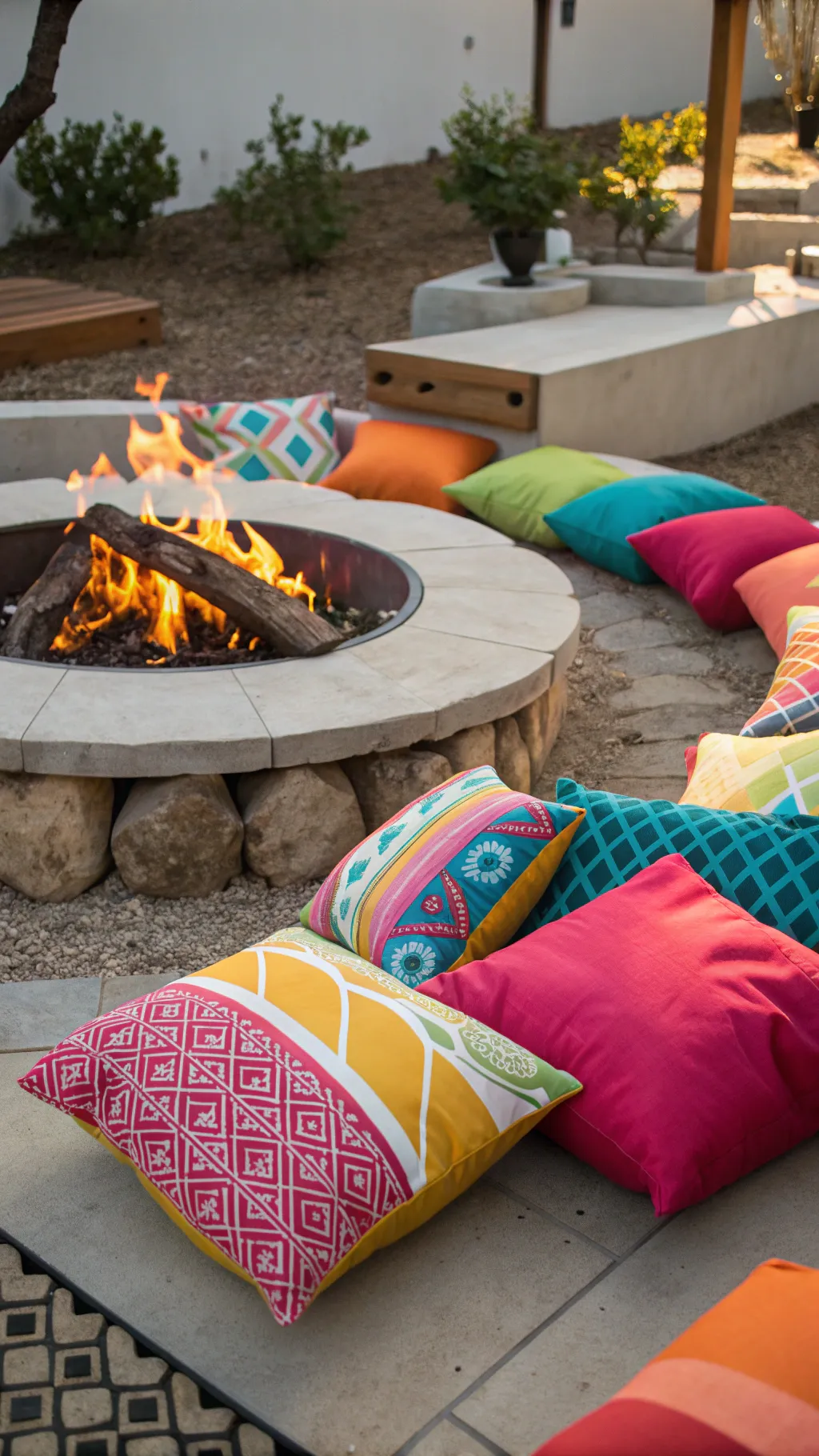 A fire pit surrounded by colorful outdoor pillows in a lively outdoor setting.