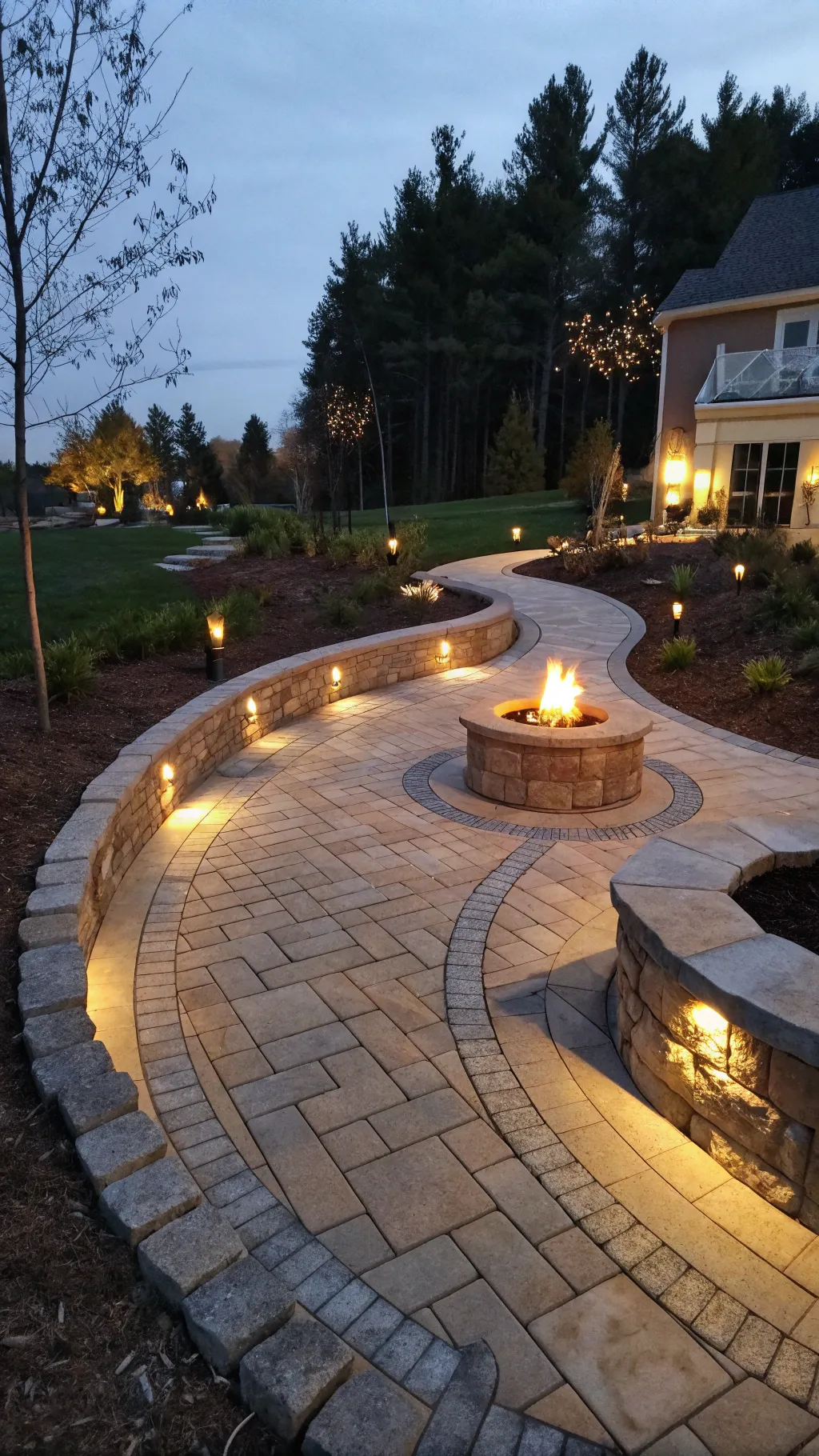 A fire pit surrounded by a circular pathway with inviting lights in a cozy setting.