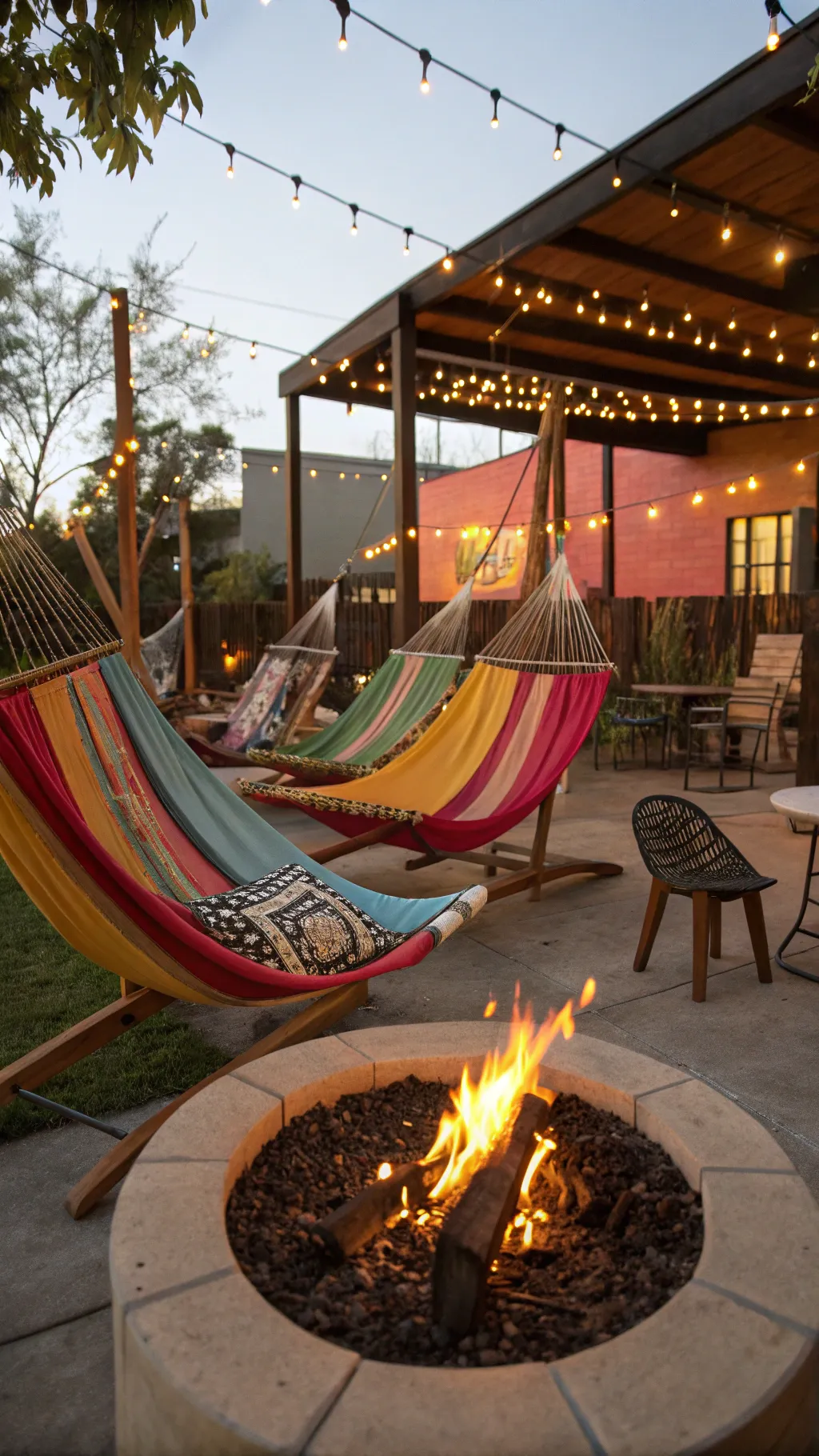 A fire pit surrounded by hammock chairs in a vibrant outdoor relaxation area.
