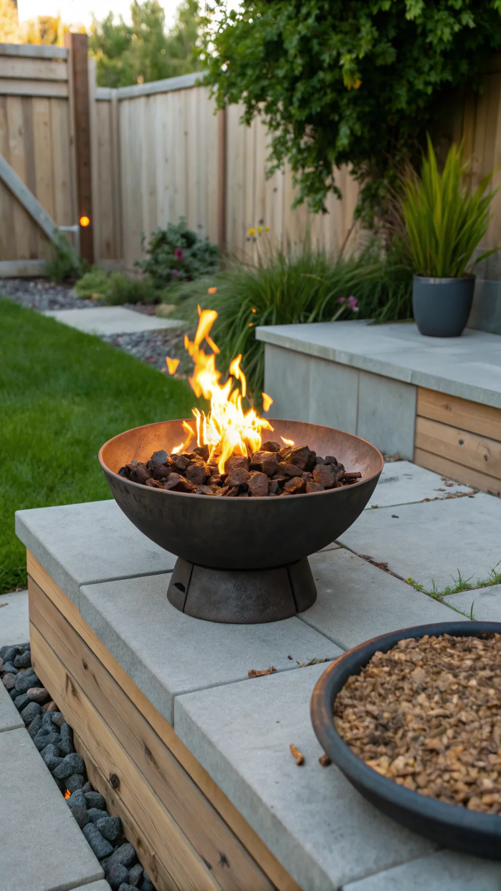 A compact fire pit designed for small backyards in a cozy outdoor setting.