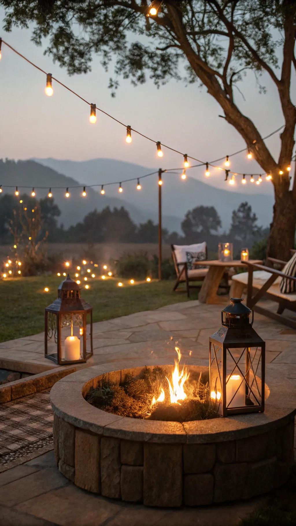 A fire pit illuminated with ambient lighting and lanterns in a cozy evening setting.