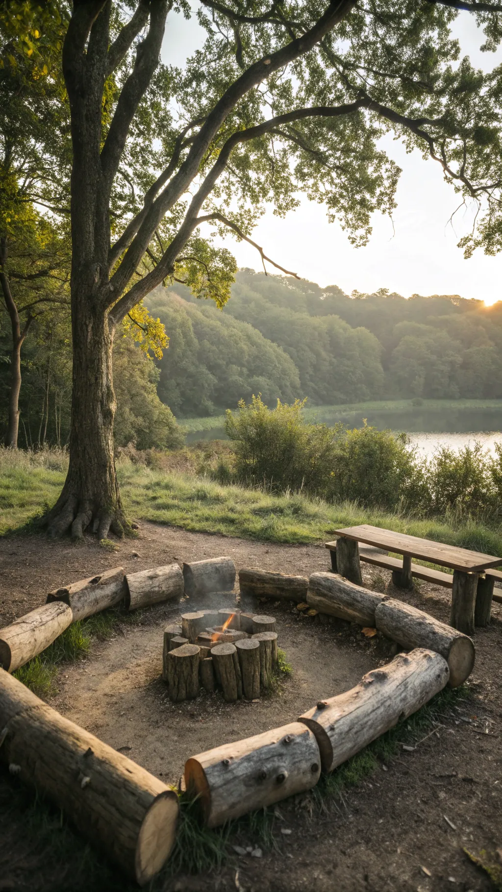 A rustic log fire pit surrounded by natural elements in a wooded setting.