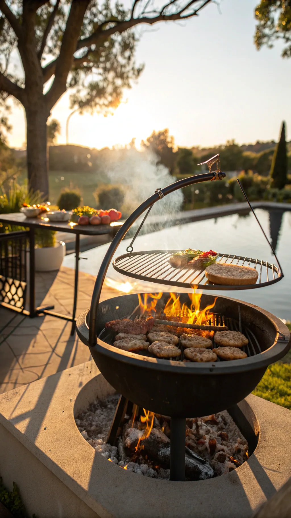 A fire pit with a barbecue grill attachment in an inviting outdoor gathering space.