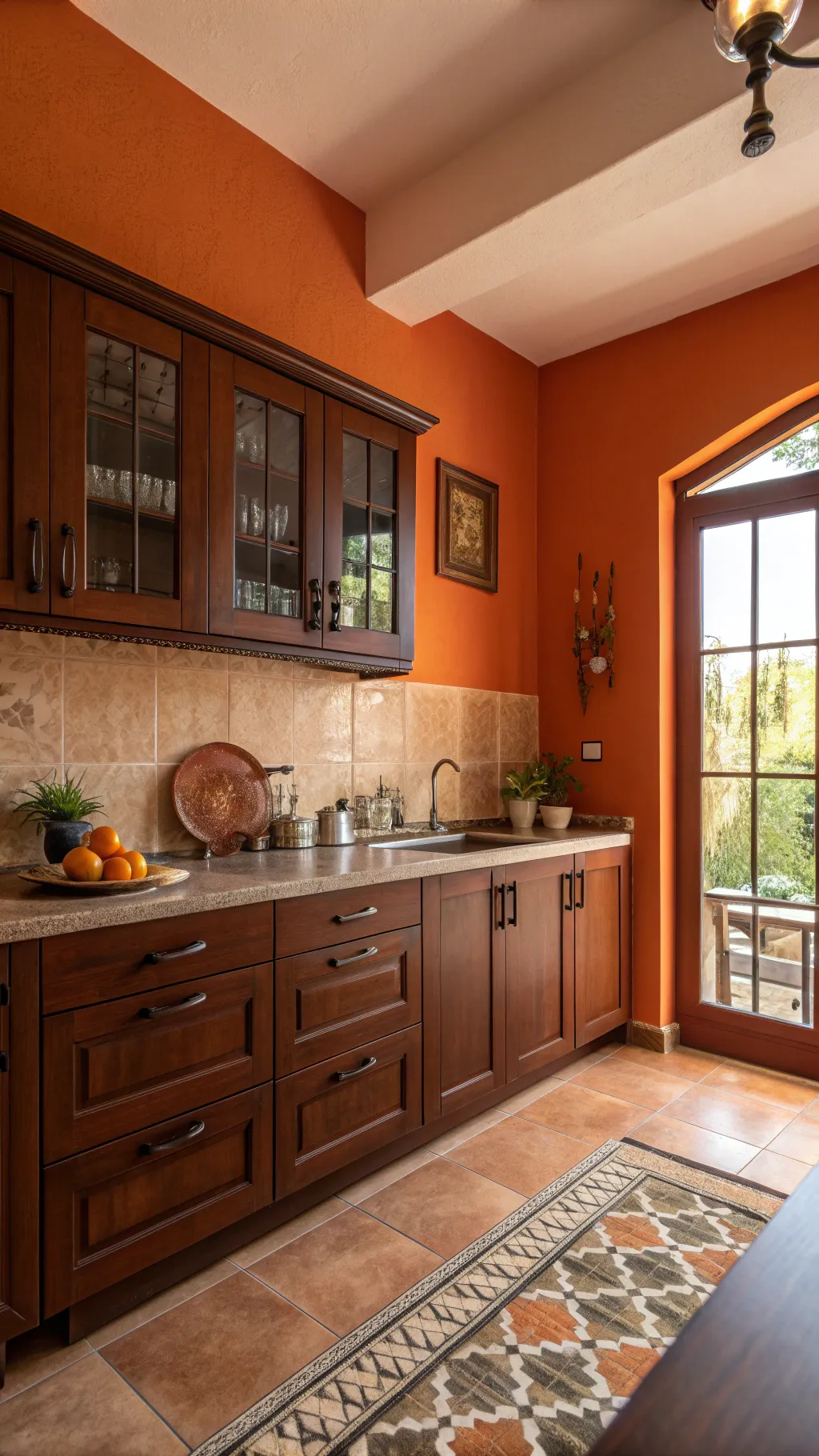 Warm kitchen with bold orange walls and brown cabinetry in soft natural light.