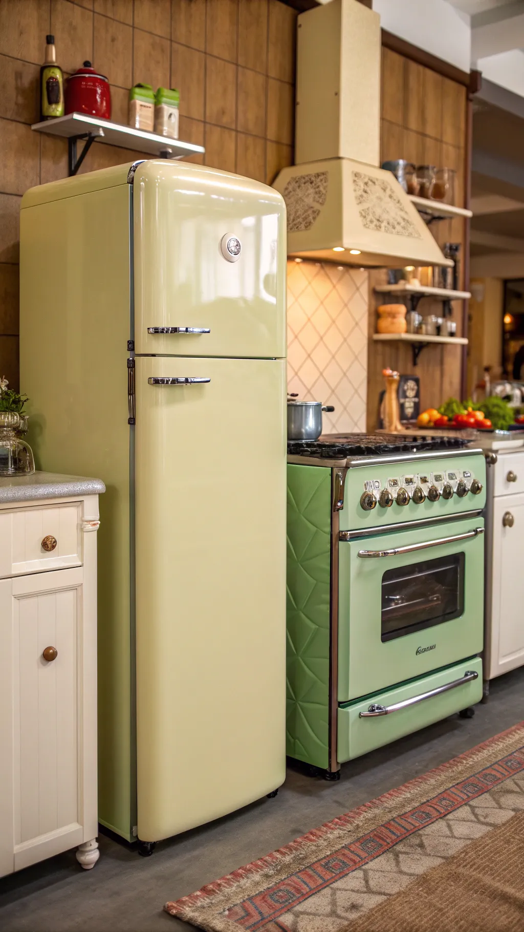 Vintage kitchen with retro appliances in cream and avocado green colors.
