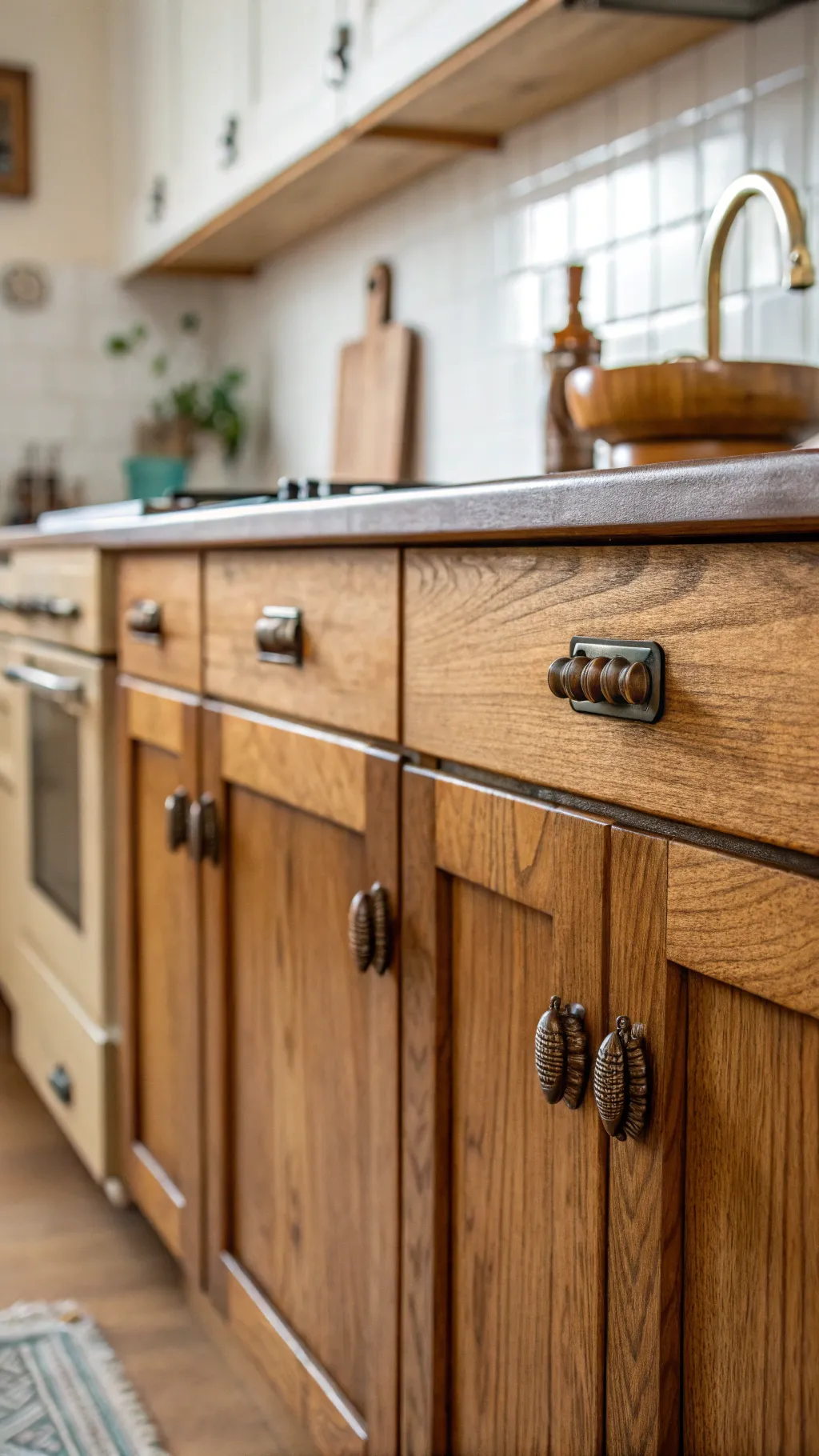 Close-up of vintage kitchen cabinets with unique handles and wood finishes.