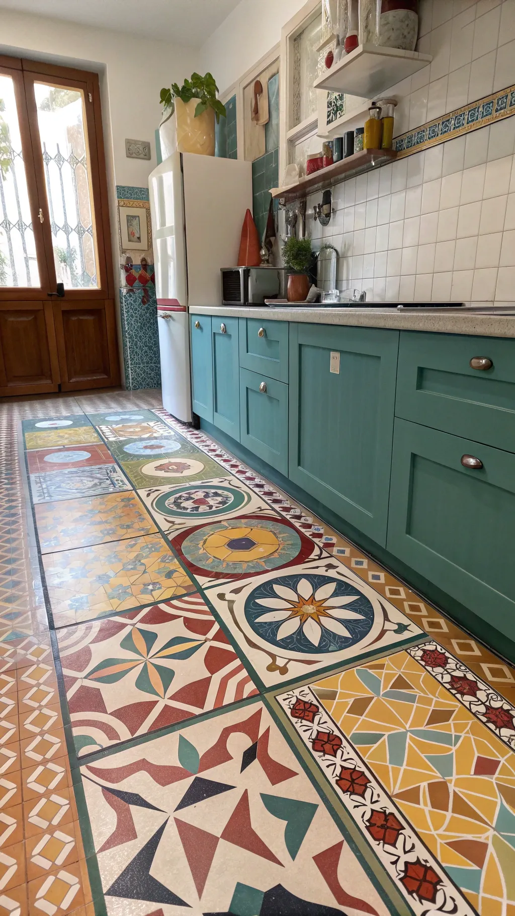Colorful tiles and geometric patterns in retro kitchen flooring.