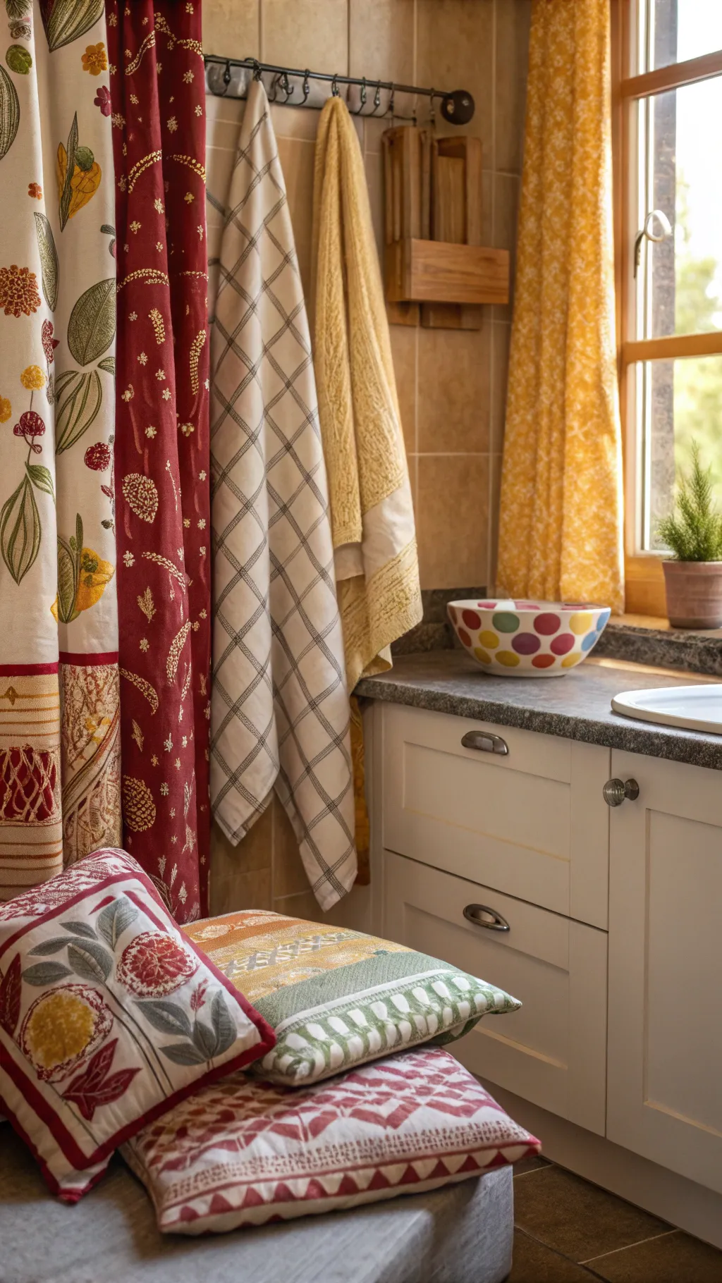 Patterned curtains and colorful textiles adding warmth to a kitchen.