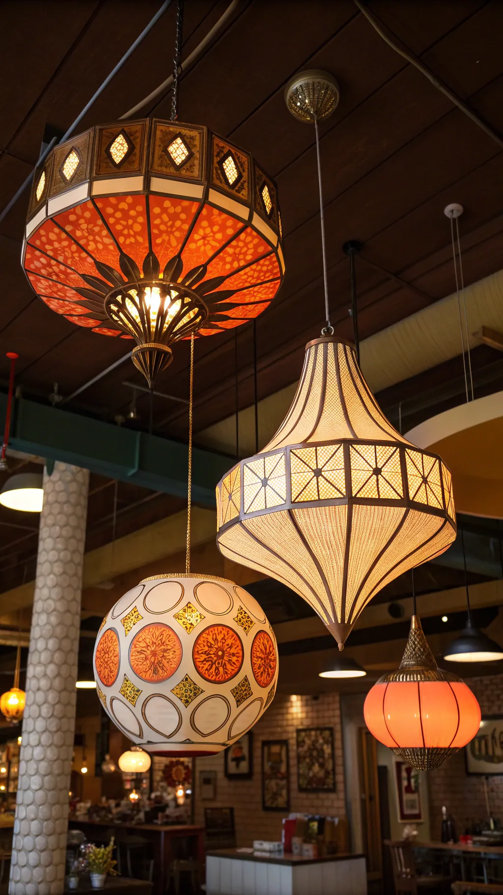 Funky chandelier and pendant lights from the 70s in a kitchen setting.