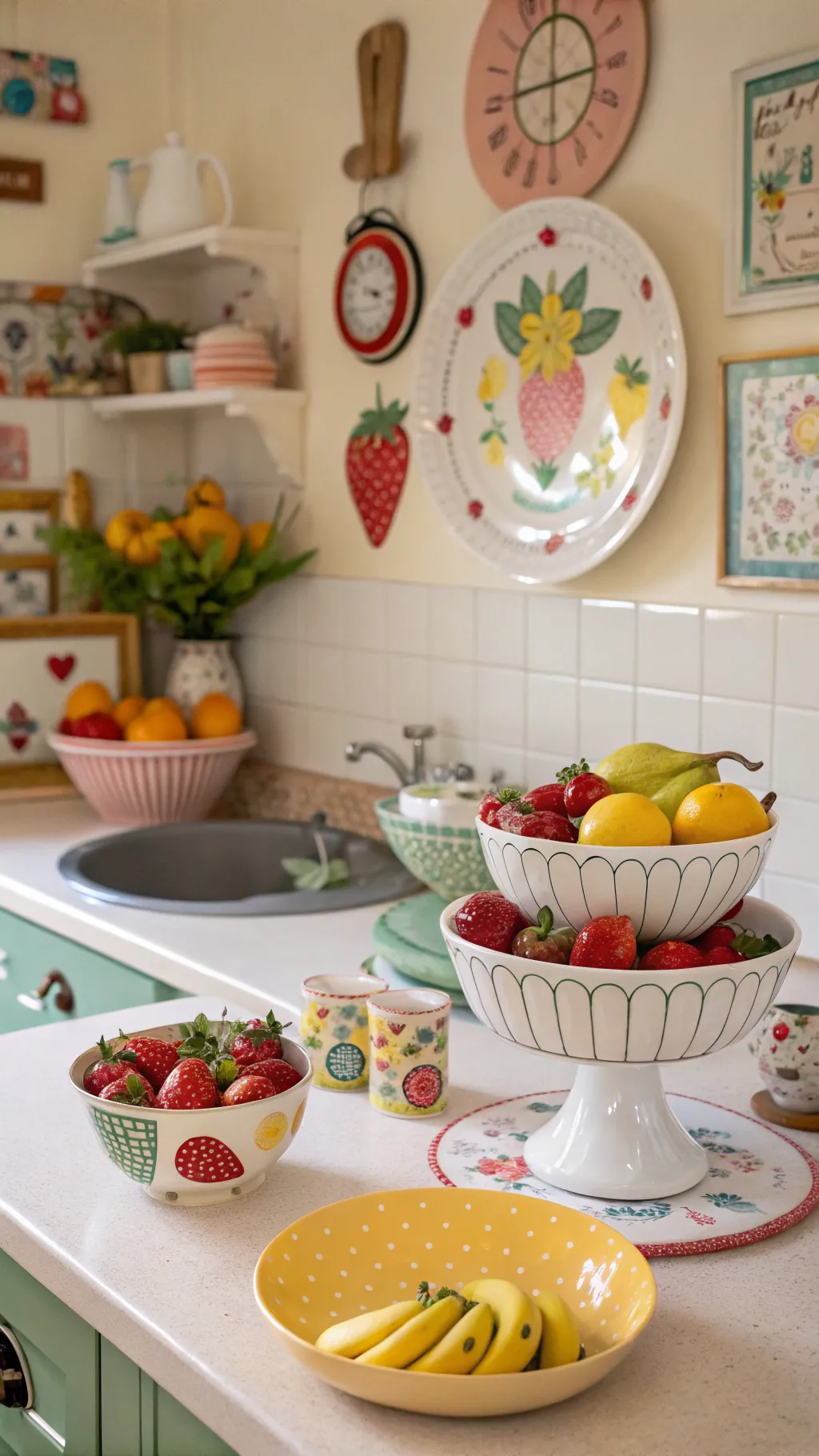 Ceramic fruit bowls and quirky wall art in a vintage kitchen.