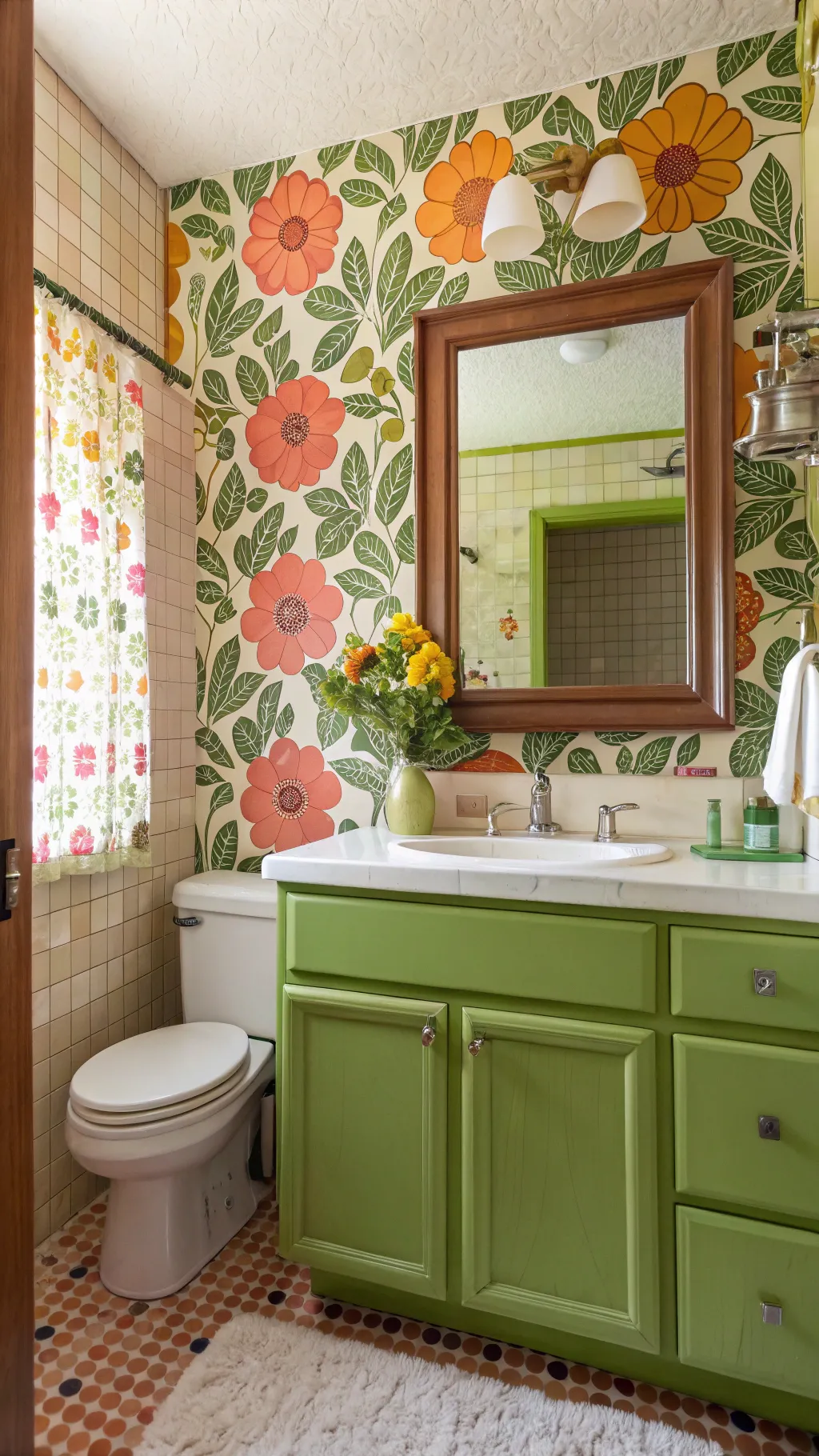 Eclectic 70s bathroom with floral wallpaper and vibrant fixtures.