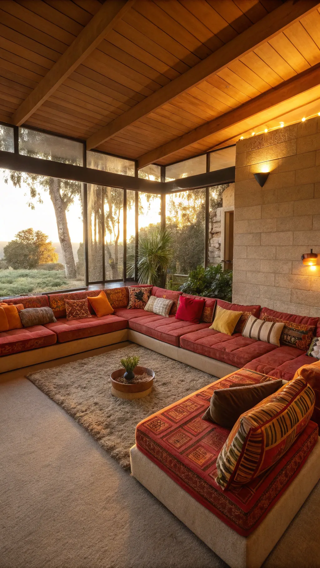Cozy sunken lounge room with a sectional sofa and bold cushions.