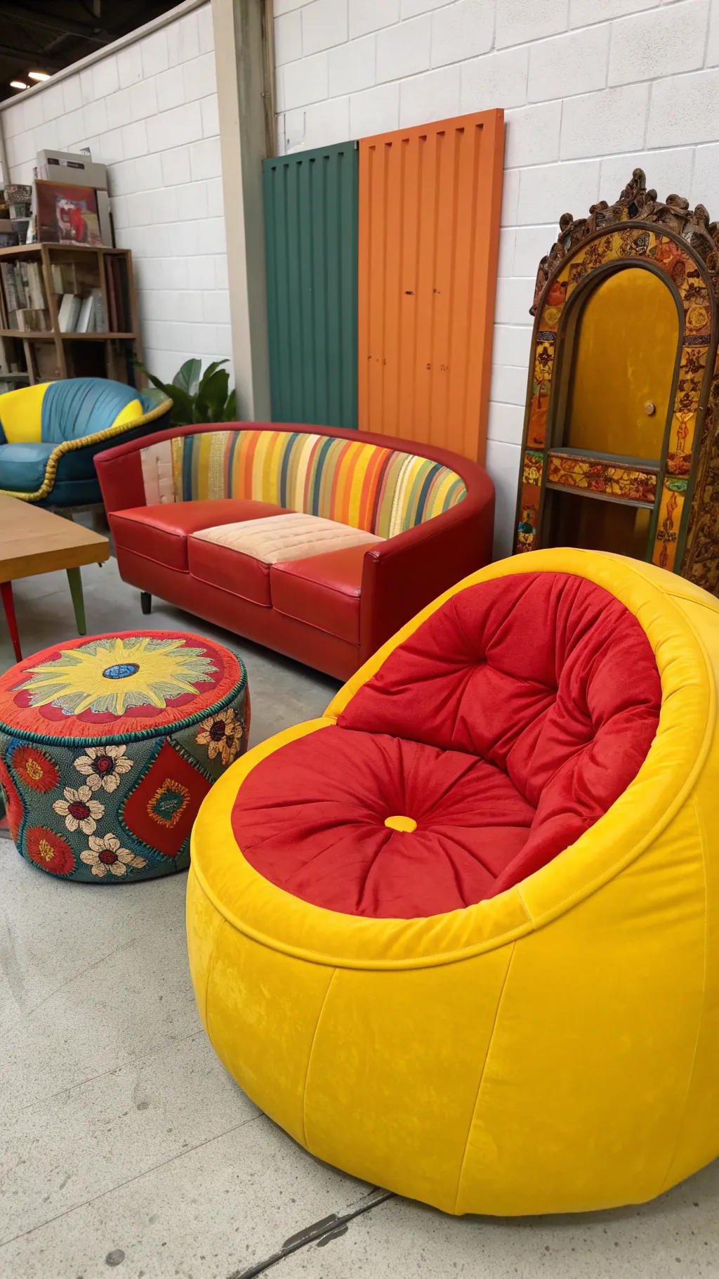 Collection of funky 70s furniture pieces in bold colors and shapes.