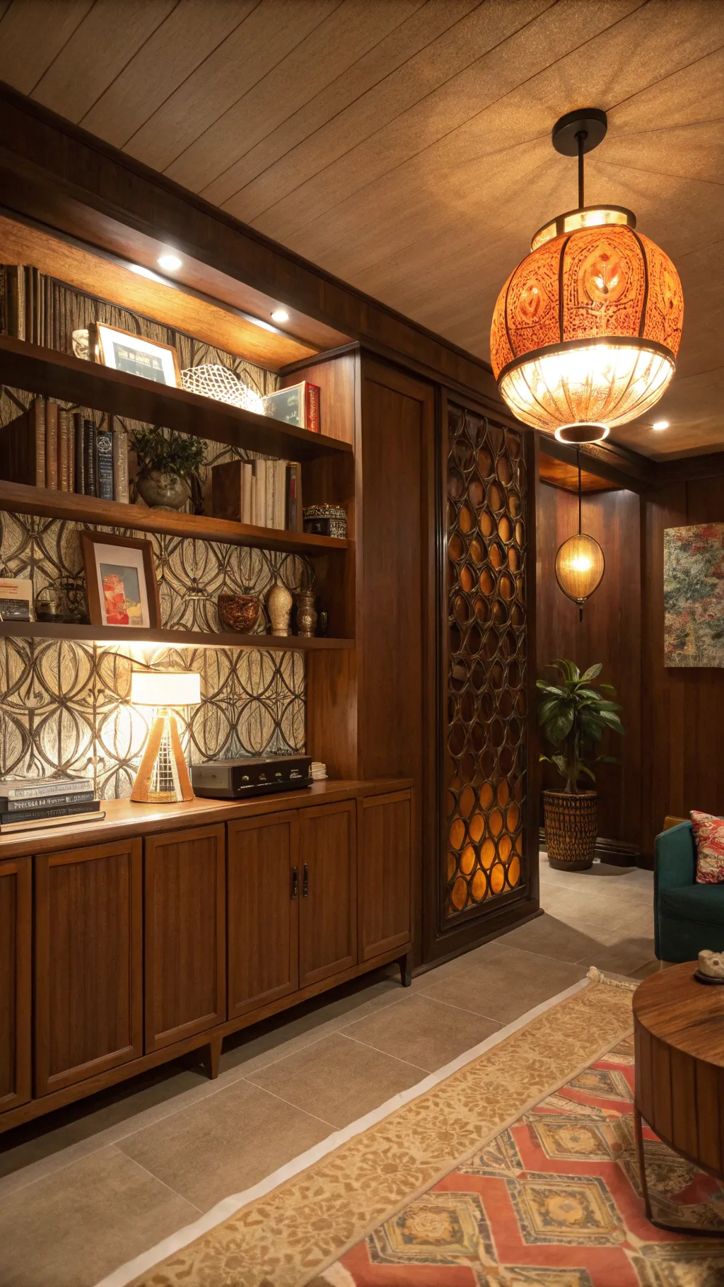 Unique 70s design details with built-in shelving and funky light fixtures.