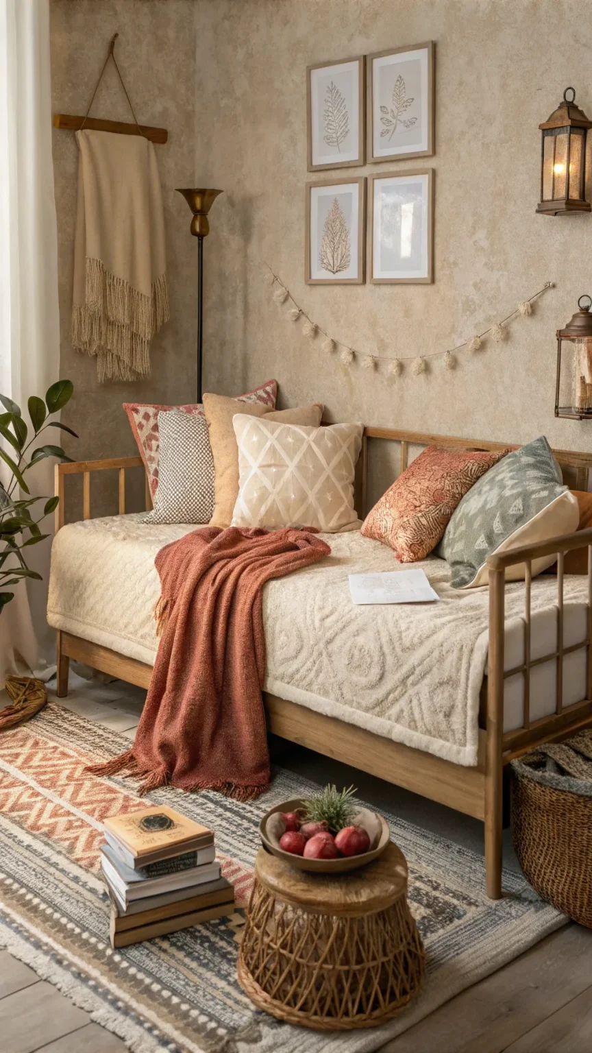 A cozy studio interior with a daybed, warm colors, and soft textures.
