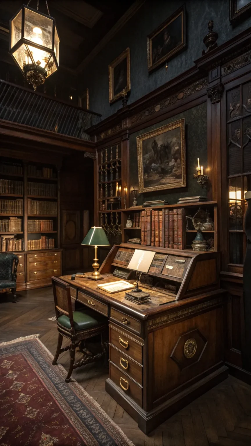 A vintage dark academia flat with a wooden desk, bookshelves, and rich colors.