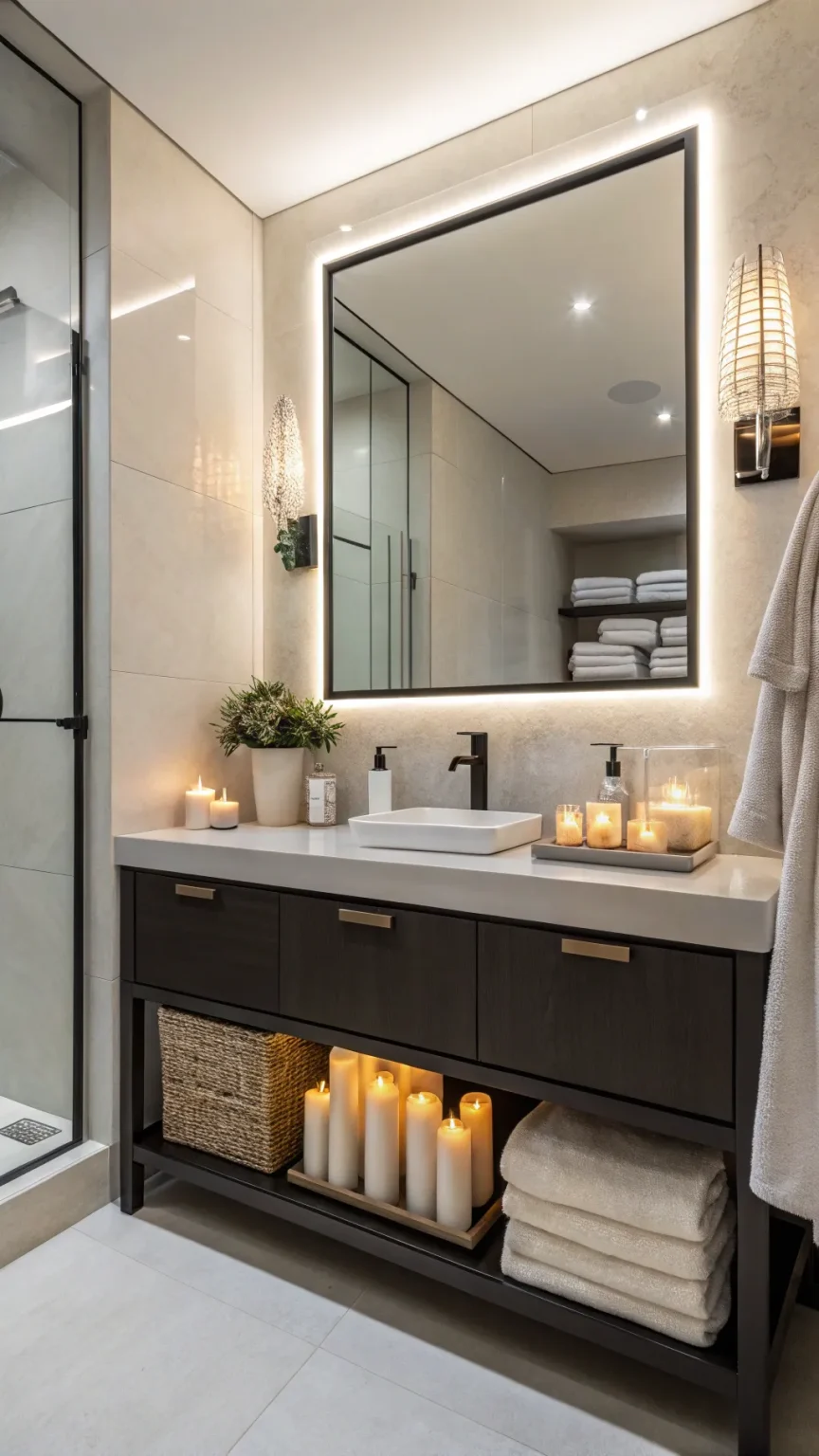 A luxurious small bathroom with sleek fixtures, modern vanity, and soft lighting.