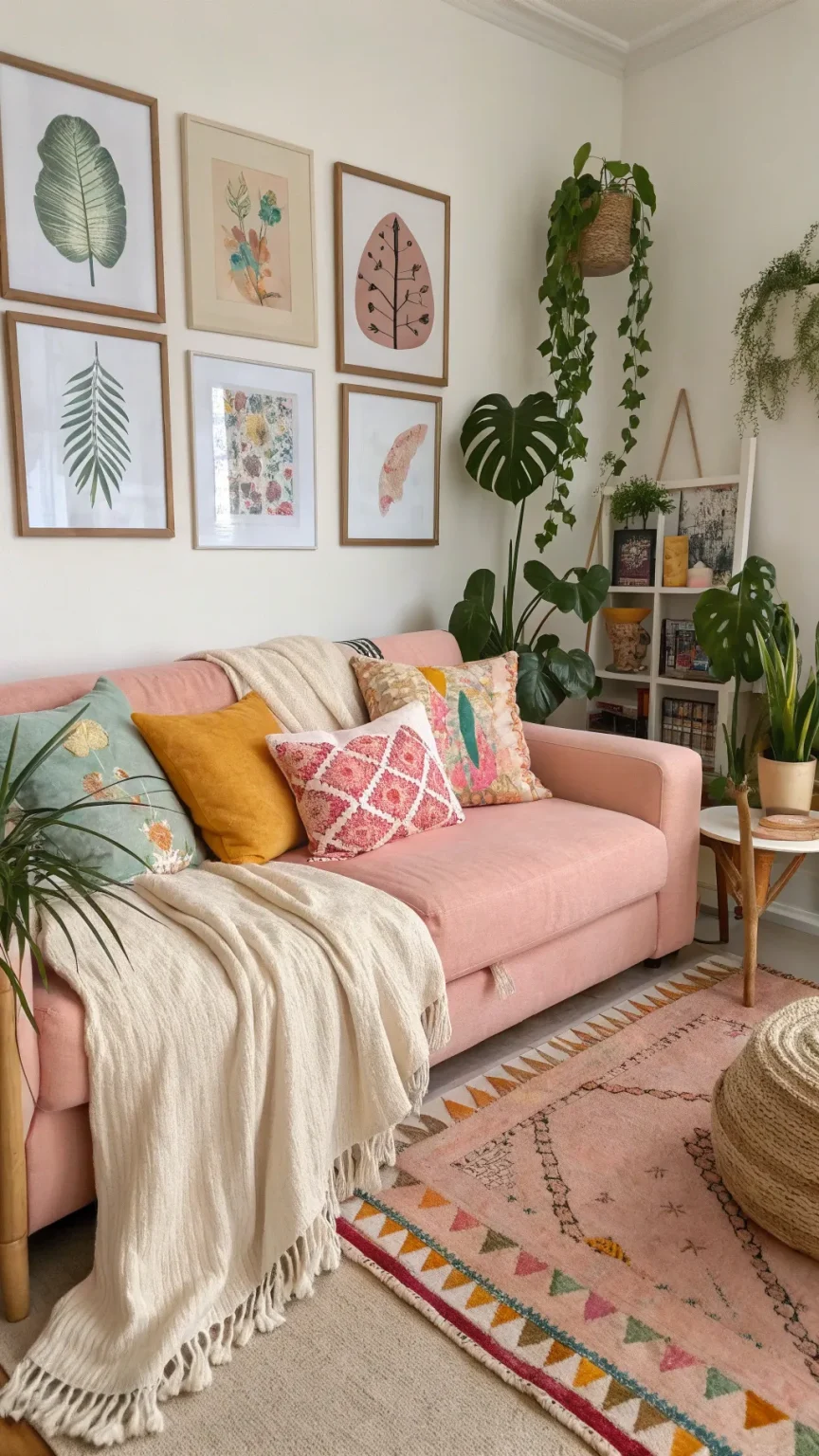 A cozy living room with soft fabrics, pastel colors, and personal decor.