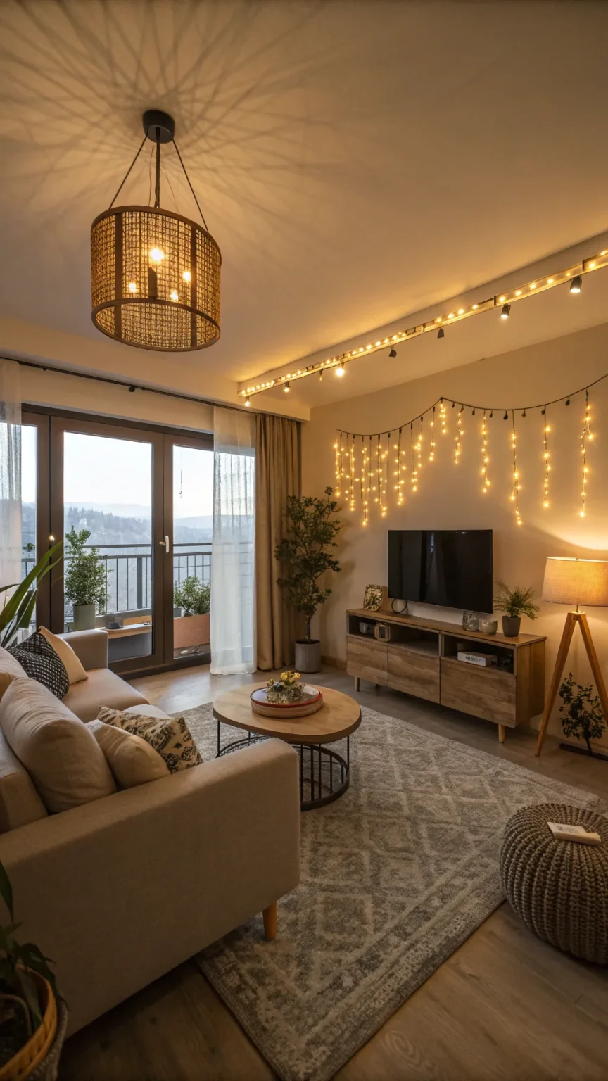 An apartment interior with warm ambient lighting and cozy atmosphere.