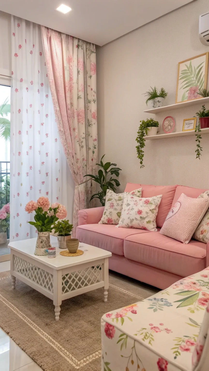 A girly living room with soft colors, floral patterns, and stylish decor.
