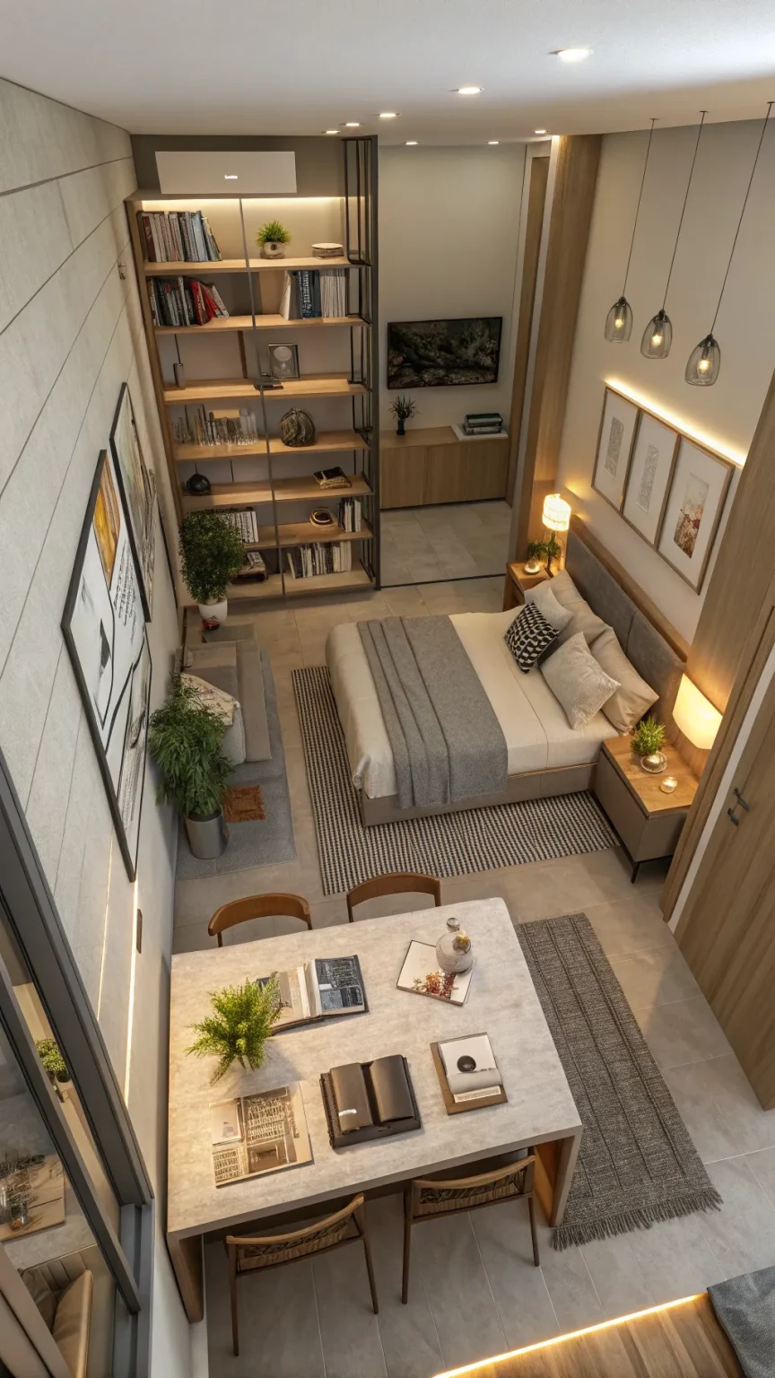 A two-bedroom studio layout with distinct living and sleeping areas.
