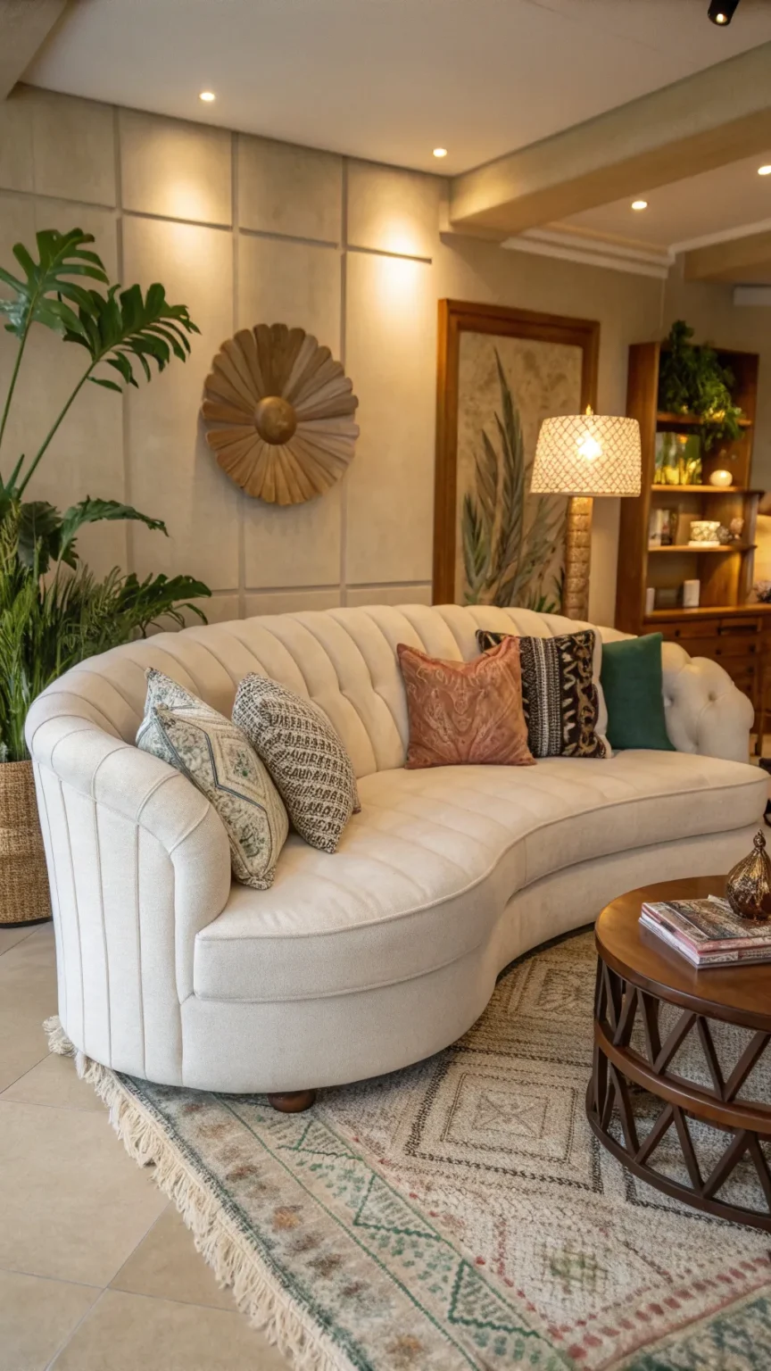 A stylish living area with a cloud couch, plush throws, and inviting decor.