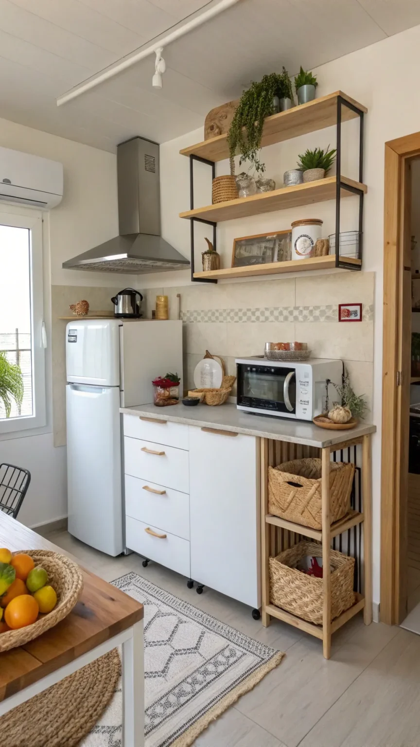 A functional small kitchen with open shelving and compact appliances.