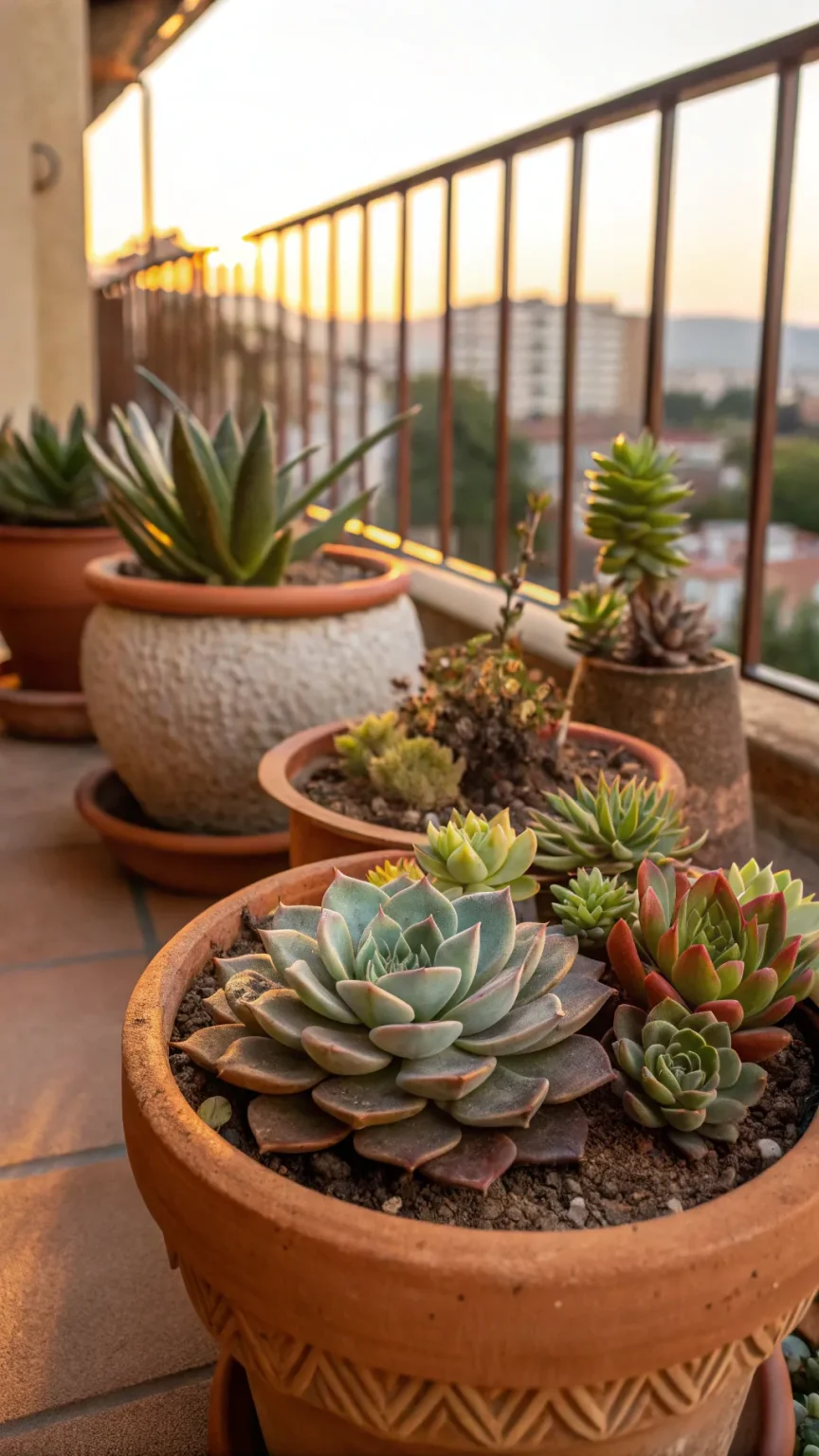 Colorful succulents arranged in terracotta pots on a balcony.