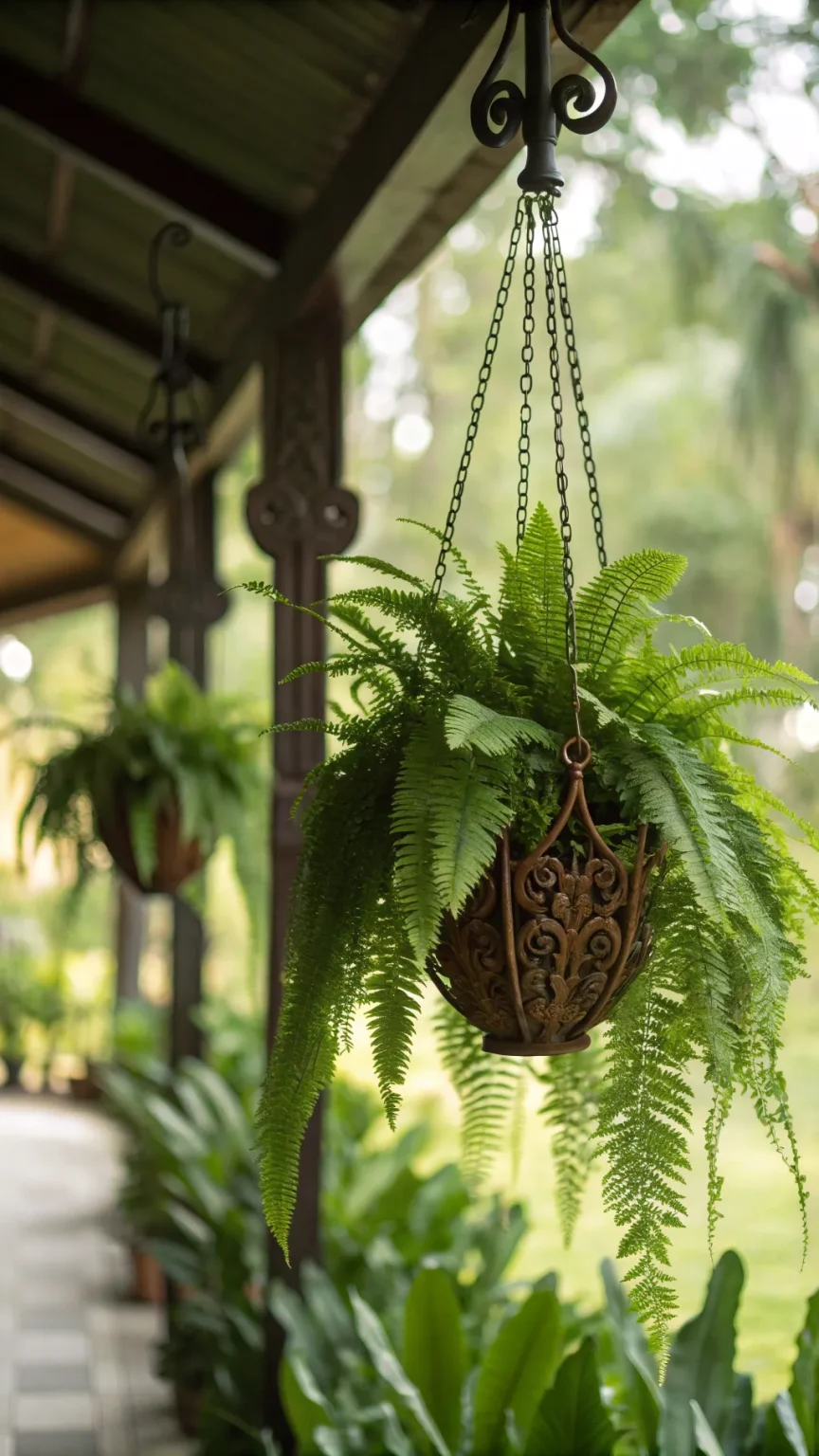 Hanging ferns creating a lush tropical vibe on a balcony.