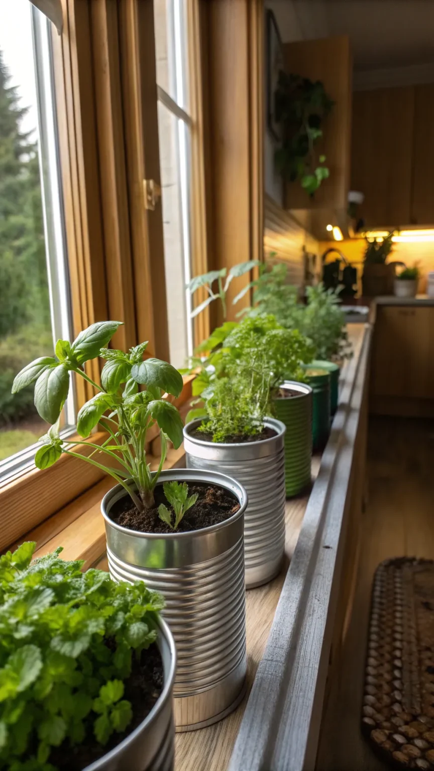 Recycled containers filled with fresh herbs on a balcony.