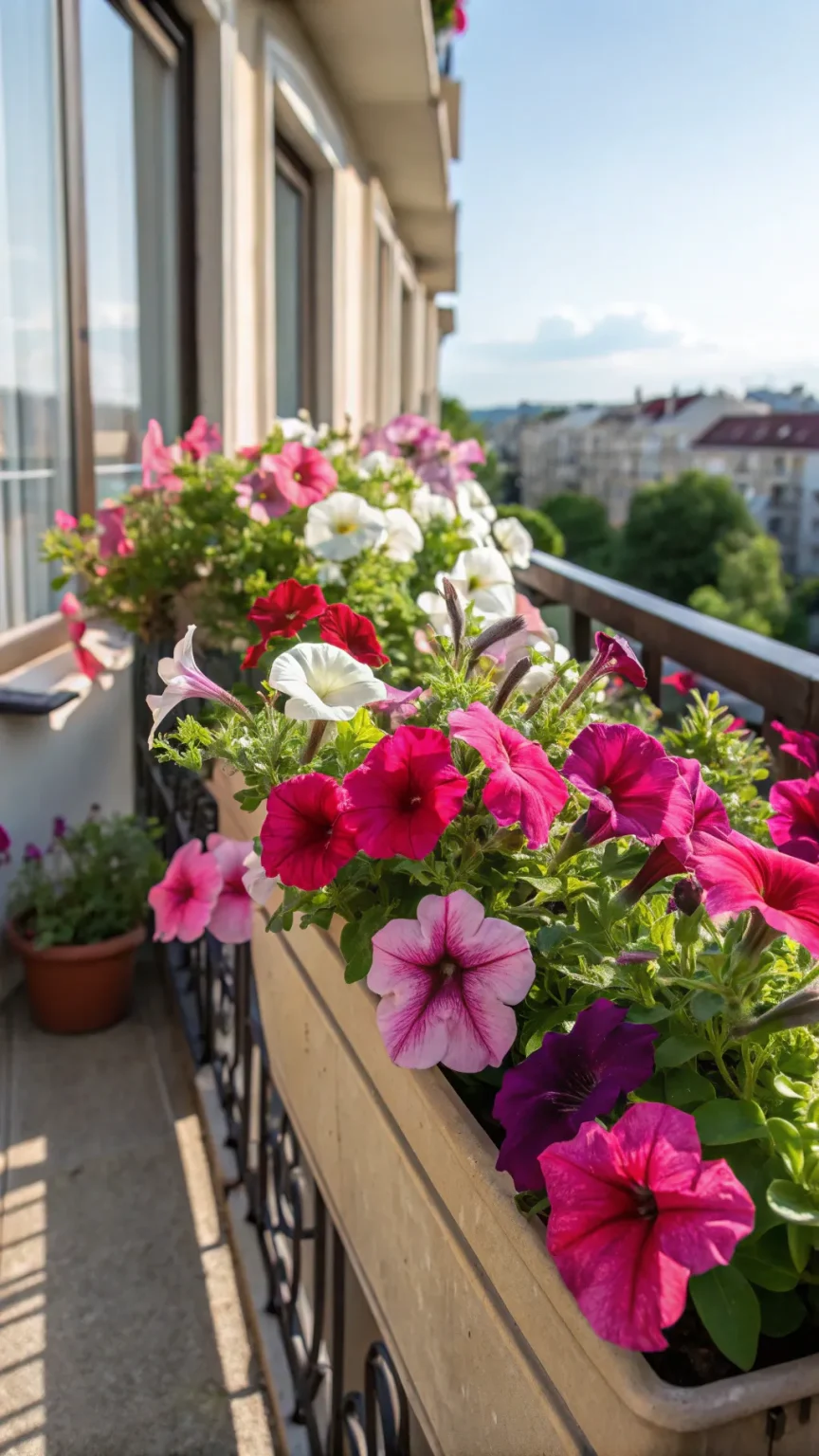 Bright petunias blooming in flower boxes on a balcony.