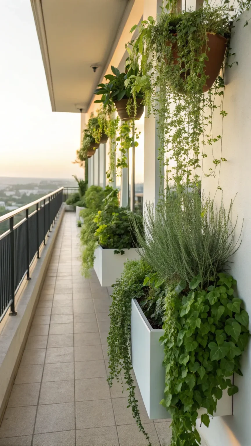 Vertical planters with trailing plants on a balcony.