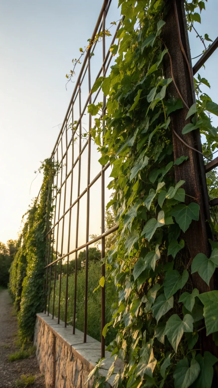 Climbing vines creating a green wall on a balcony.