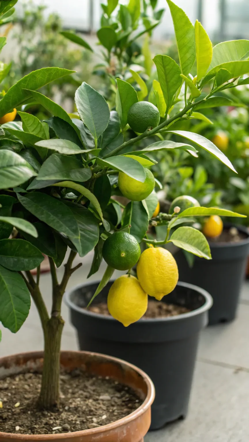 Dwarf citrus trees in pots on a sunny balcony.