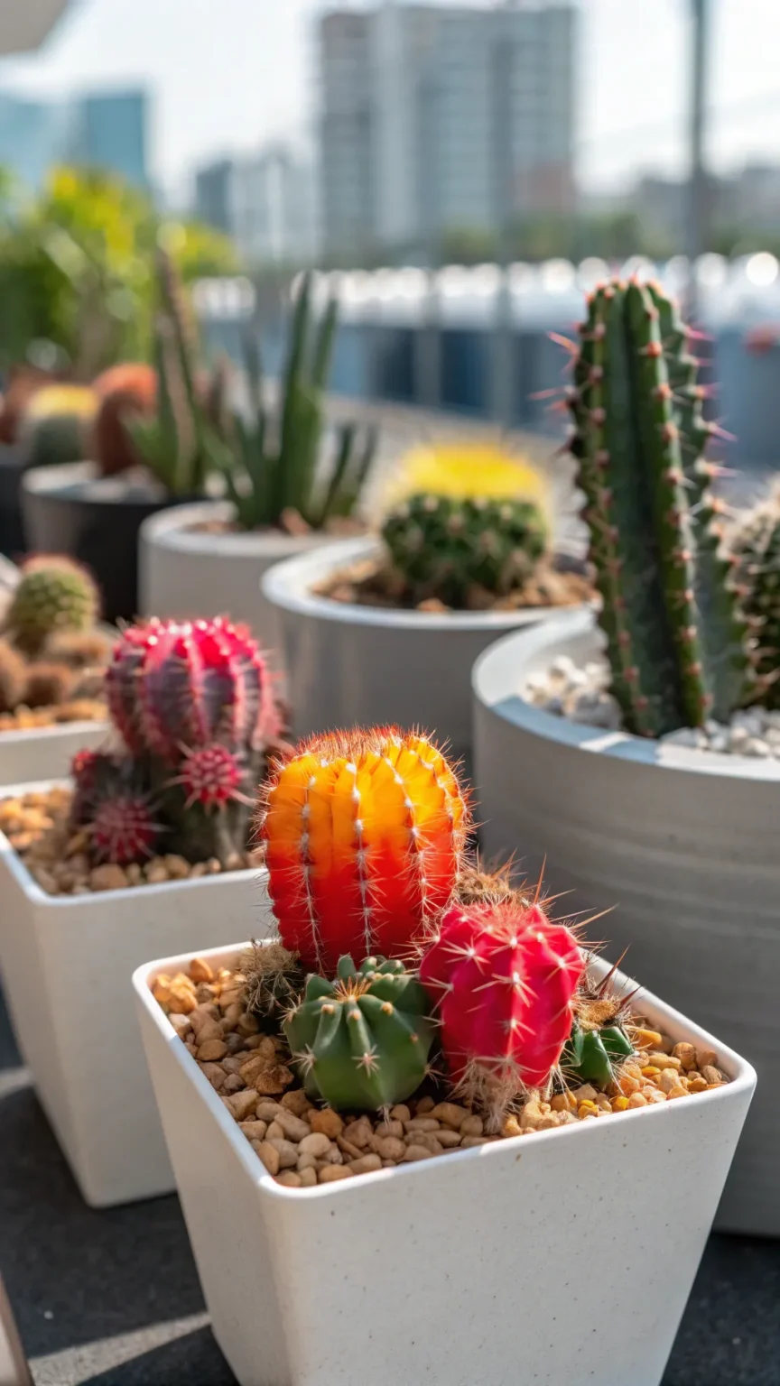Colorful cacti in modern pots on a sunny balcony.