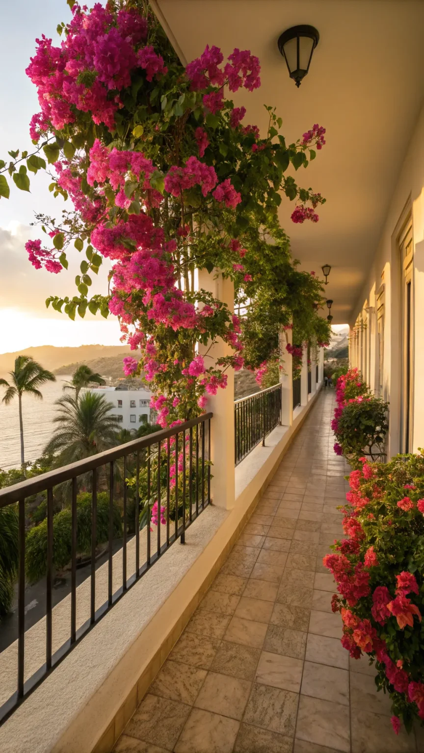 Vibrant bougainvillea climbing on a balcony railing.