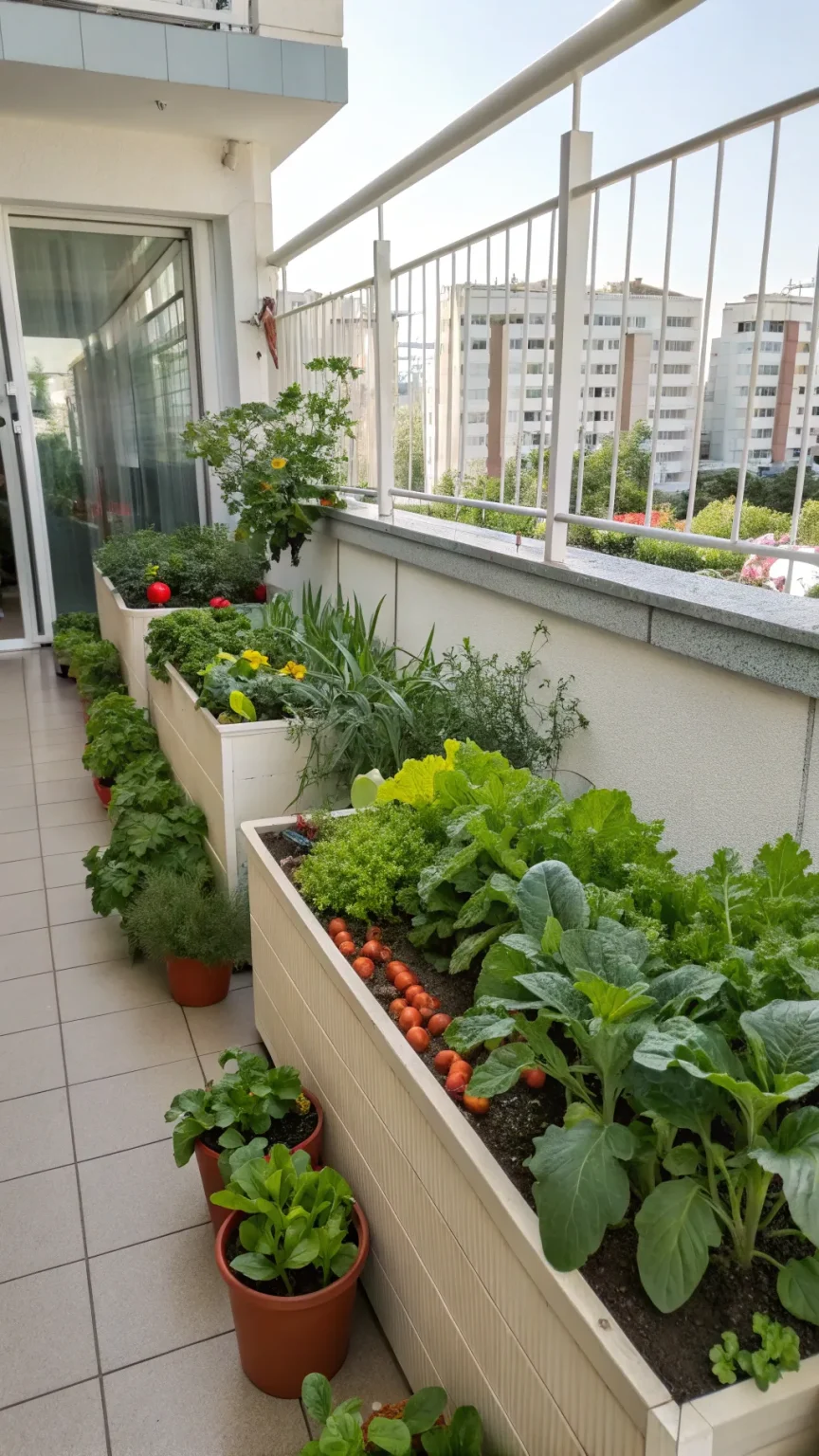 Vegetables growing in large containers on a balcony.