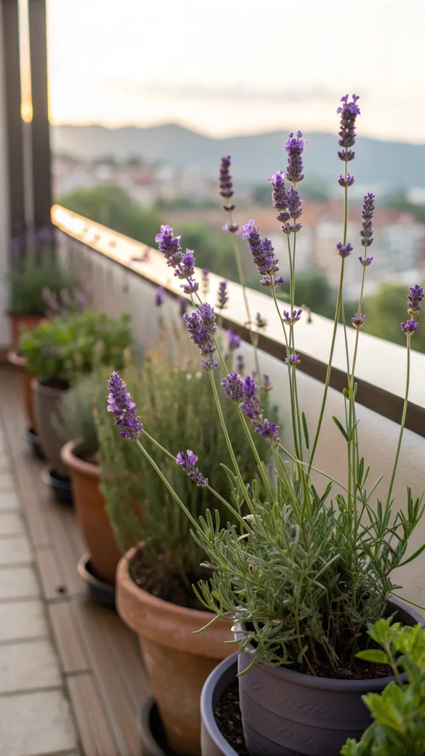 Lavender plants in pots creating a relaxing balcony atmosphere.