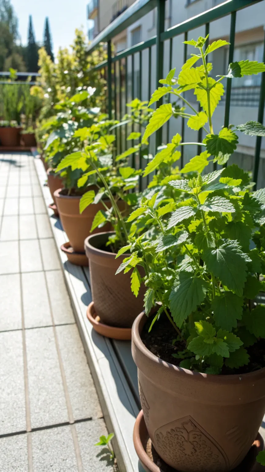 Decorative pots of catnip on a sunny balcony.