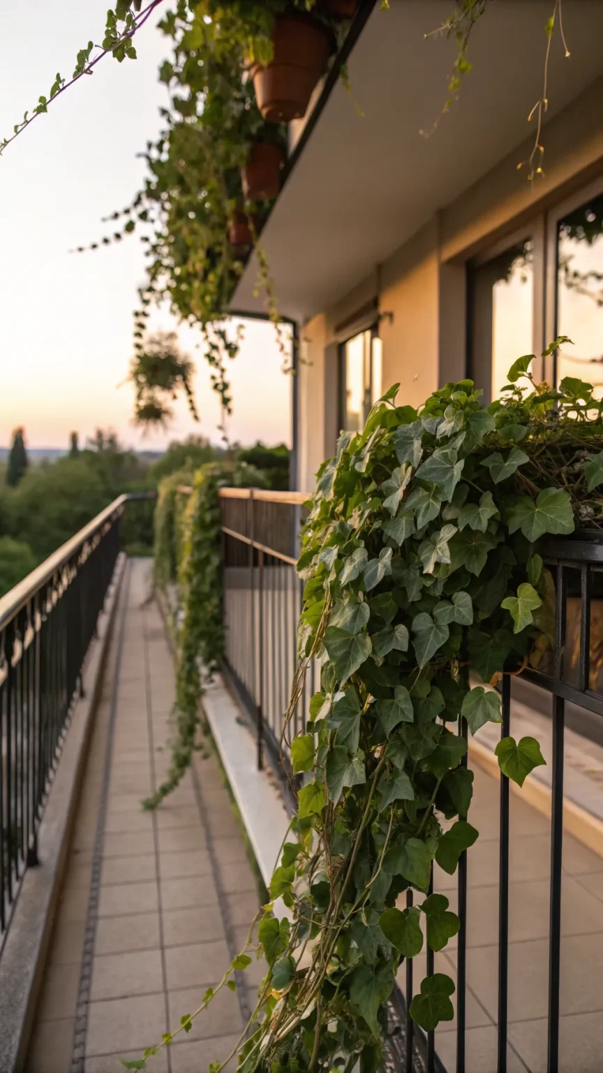 Trailing plants cascading over balcony railings.