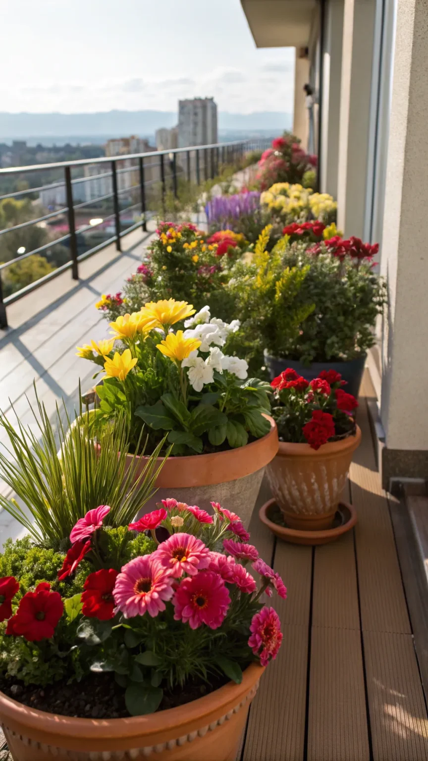 Colorful seasonal flowers in pots on a balcony.