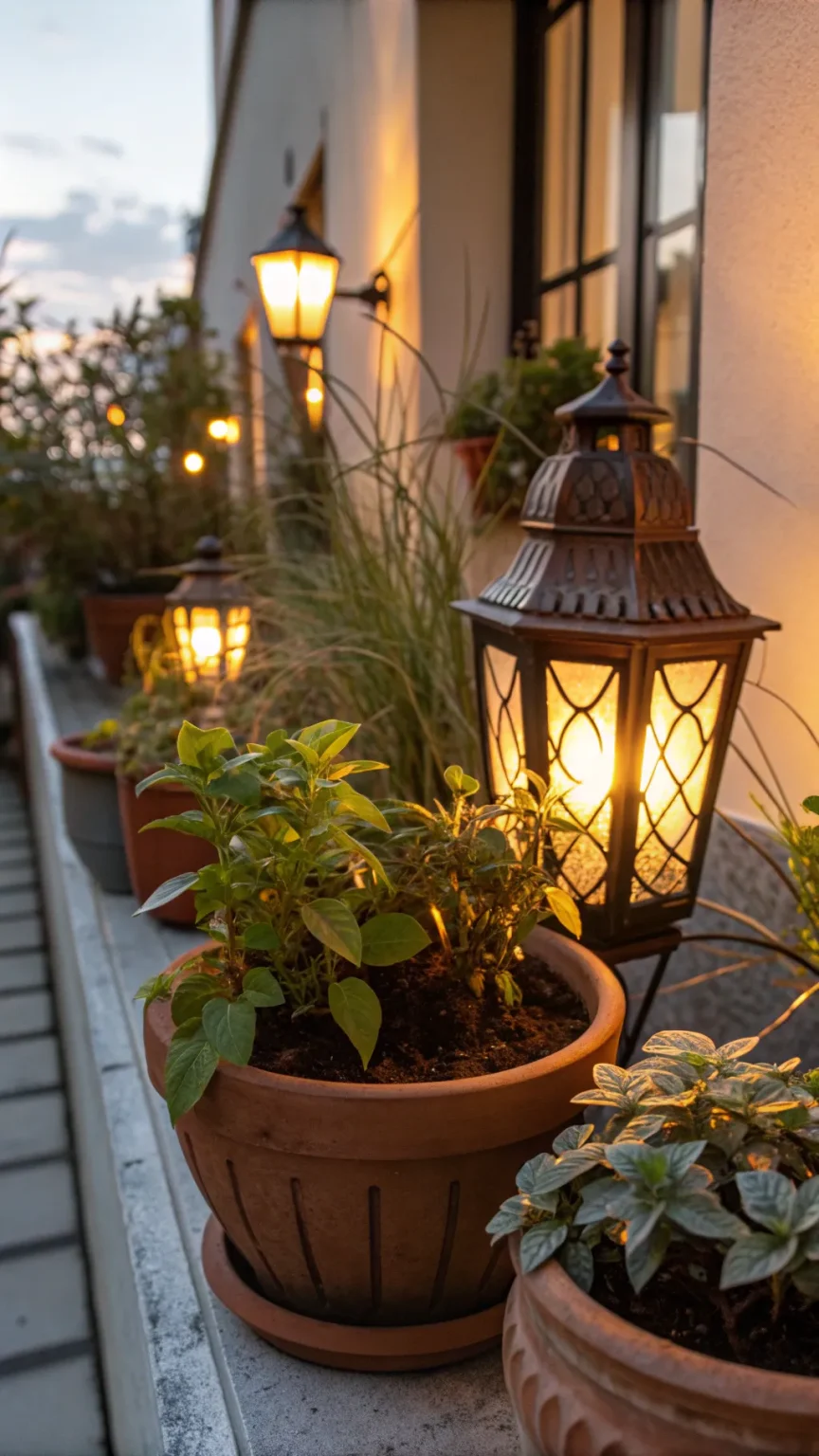 Potted lantern plants glowing softly on a balcony.