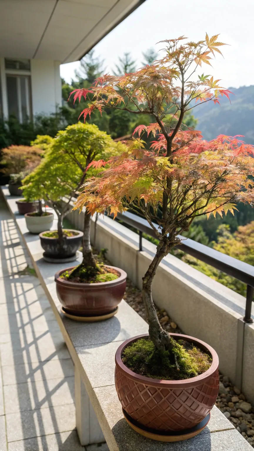 Small trees providing shade and aesthetics on a balcony.