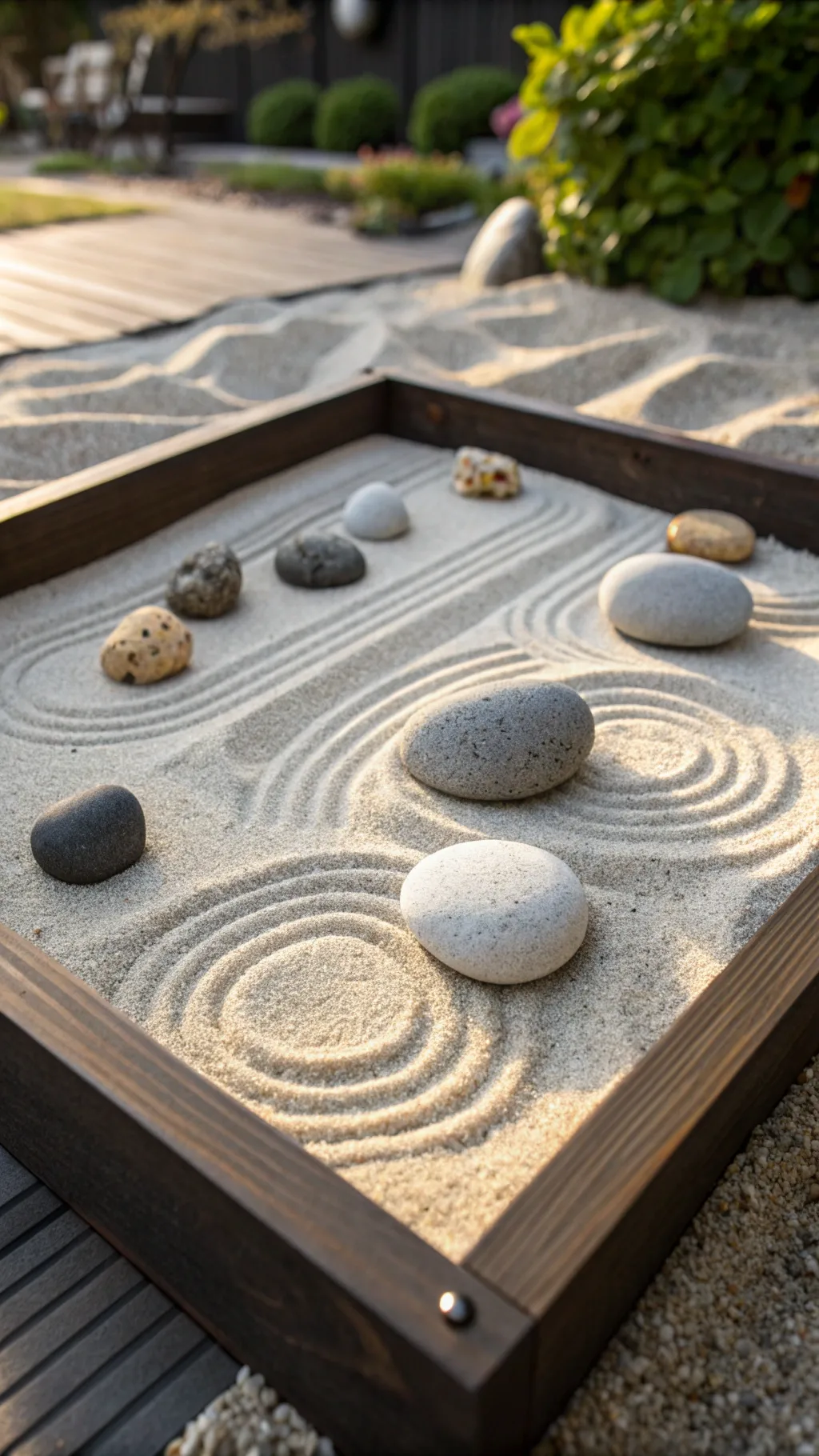 A mini Zen garden featuring sand and stones arranged for tranquility