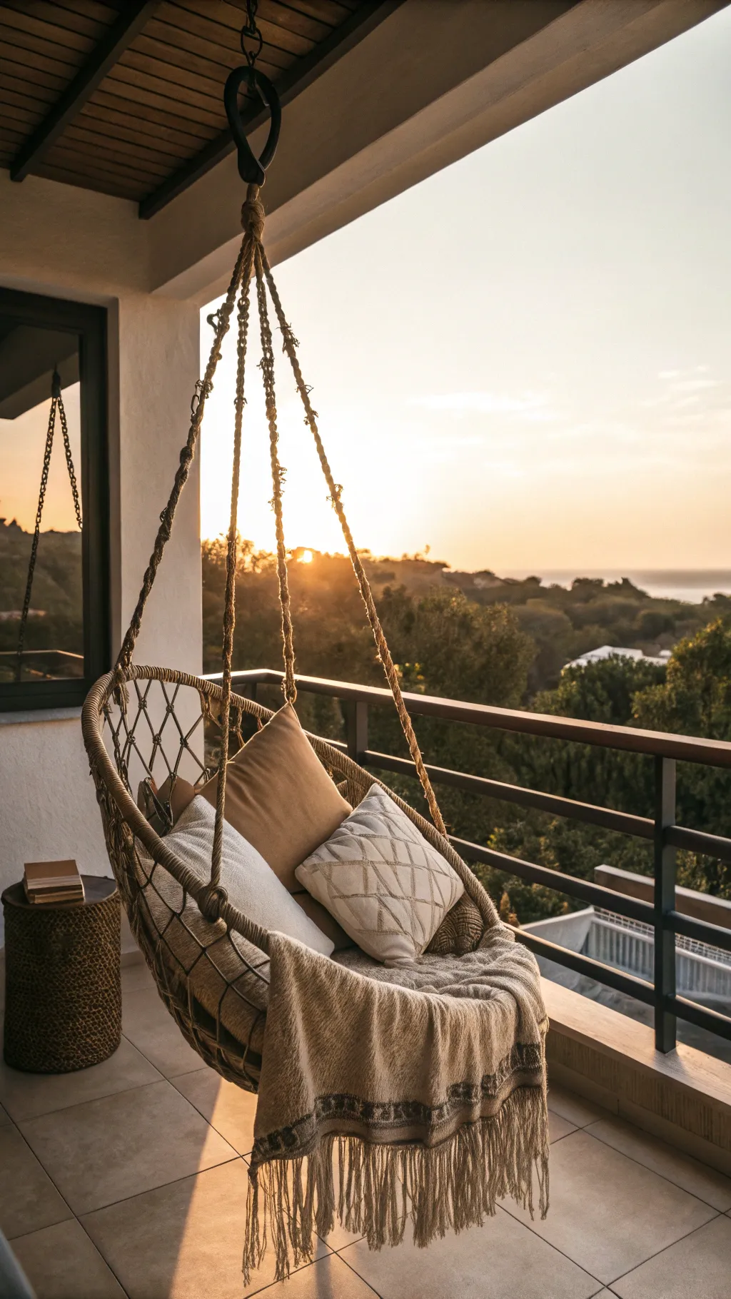 A cozy hammock chair on a balcony decorated with cushions