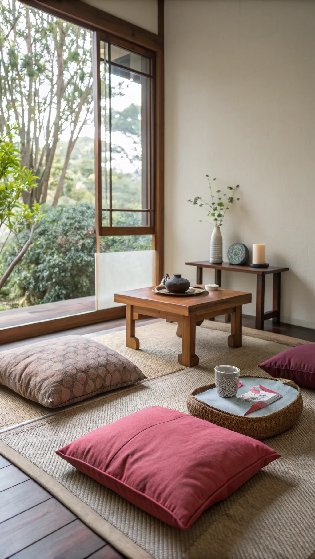 A meditation corner on a balcony with soft cushions and a low table