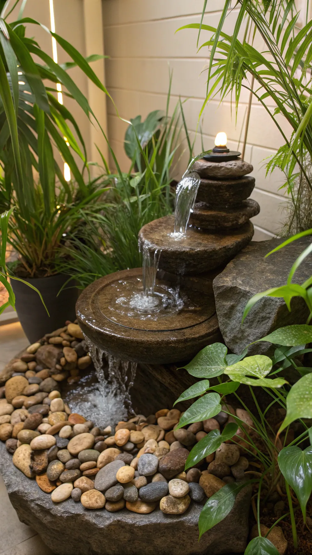 A small tabletop fountain with water and pebbles on a balcony