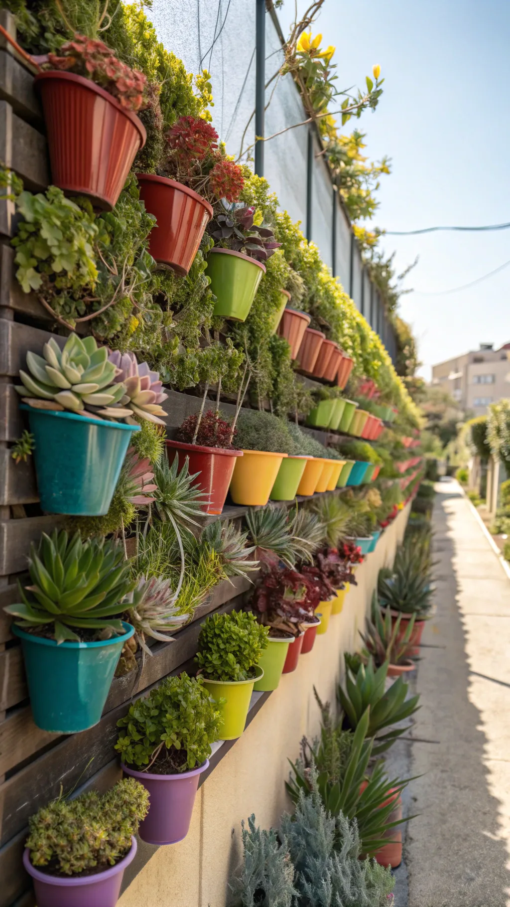 A vertical garden wall adorned with colorful succulents
