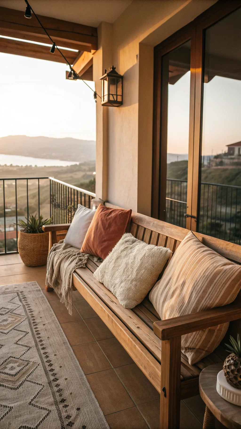 A wooden bench with throw pillows on a balcony for relaxation
